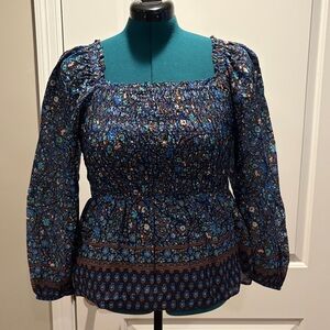 Vineyard Vines Blue Floral Smocked Blouse